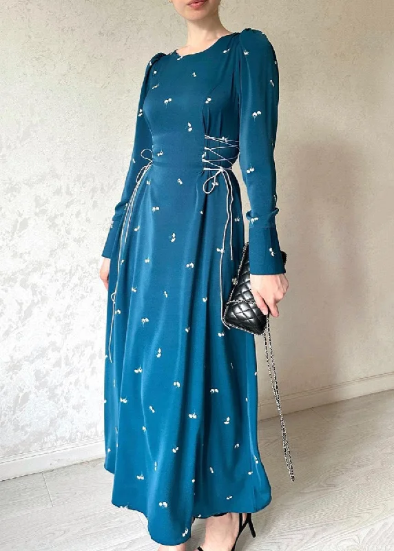 French Blue Lace Up Print Cotton Long Dresses Fall WO047