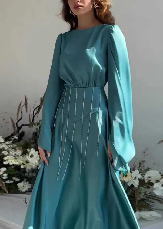 French Lake Blue Tassel Lace Up Silk Long Dress Fall QL021