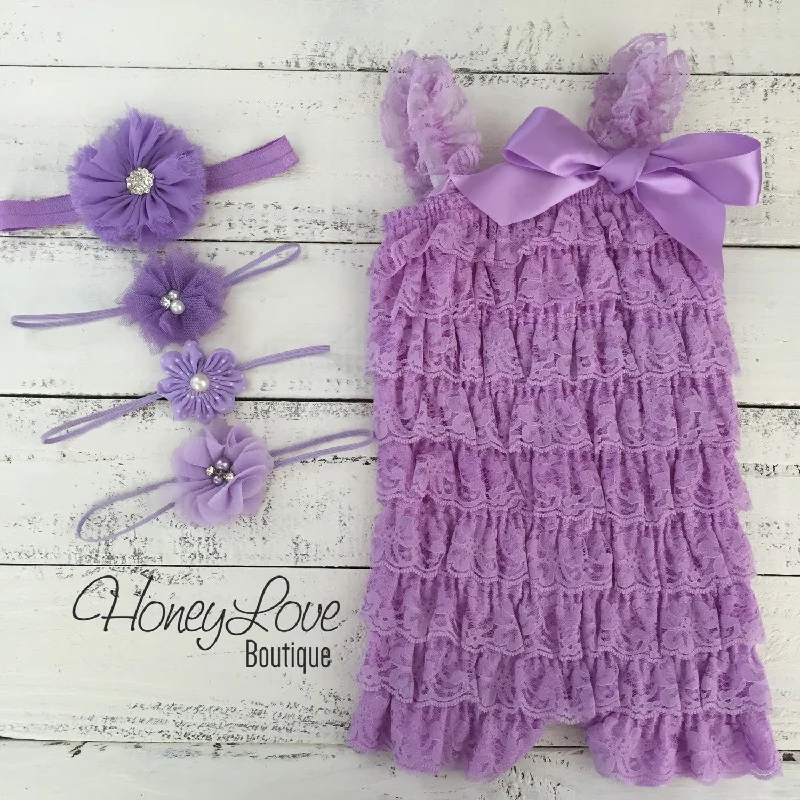 Lace Petti Romper Lavender Purple and matching headband