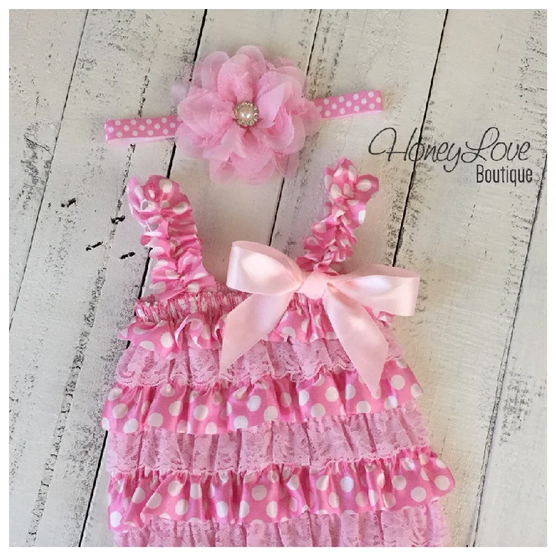 Satin & Lace Petti Romper - Light Pink and White Polka Dot - matching headband