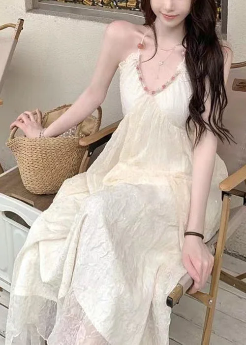 Sexy Beige V Neck Lace Up Patchwork Chiffon Dress Sleeveless ZL013