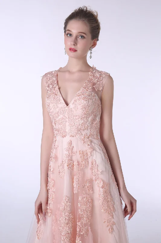 V-Neck Lace Applique Tulle A Line Peach Pink Corset Prom Dresses outfit