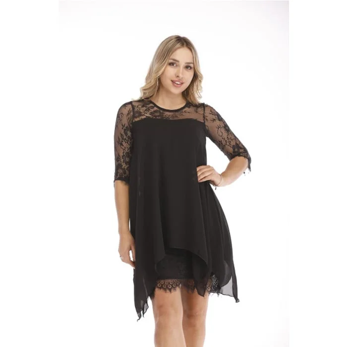 Women Lace Oversize Dress Summer Loose Irregular Short Dress Three Quarter Sleeve Chiffon Overlay