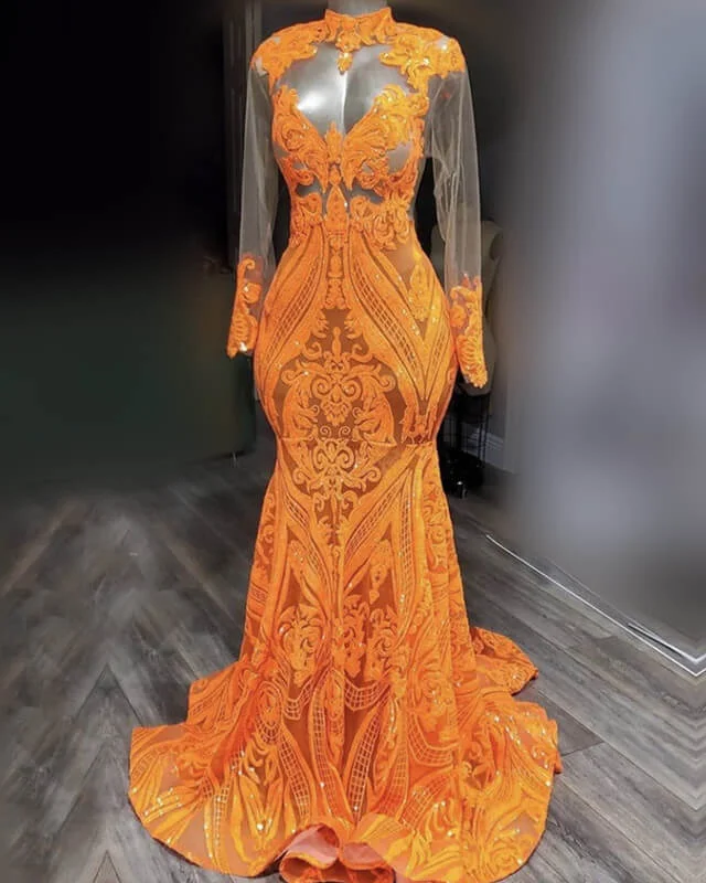 Mermaid Long Sleeve Orange Sequin Prom Dresses