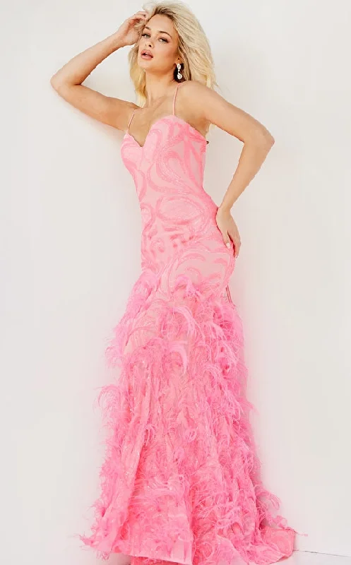 Sequin Feathered Trumpet Dress By Jovani -07425