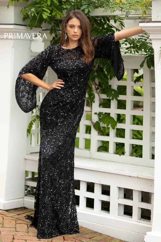 Sequined Flare Sleeve Illusion Sheath Gown By Primavera Couture -9713