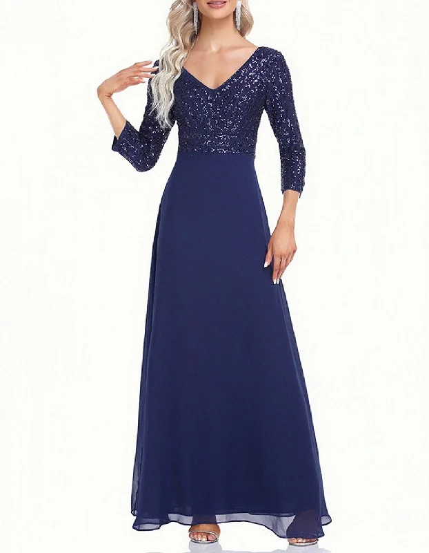 Solid-color V Neck 3/4 Sleeve Sequin Patchwork Long A-Line Evening Dresses