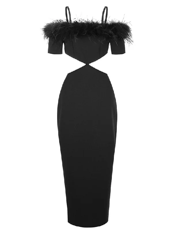 Black Spaghetti Strap Feather Off The Shoulder Bodycon Dress Sexy Gown Party Dress