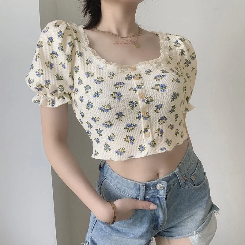 Girls Crop Top For Women Short Sleeve Lace Flower Print Lady Button Summer Tees Street Wear O Neck Casual T-Shirt Tight Fit Tops