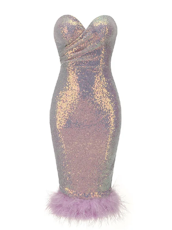 Purple Sweet Feather Hem Sequin Strapless Bodycon Sexy Gown Party Dress