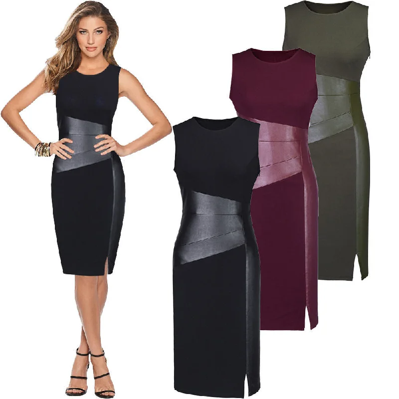 Sexy Women Sleeveless Patchwork PU Leather Dress Wine Red Black Army Green Low Cut Bodycon Evening Party Pencil Dress Clothes