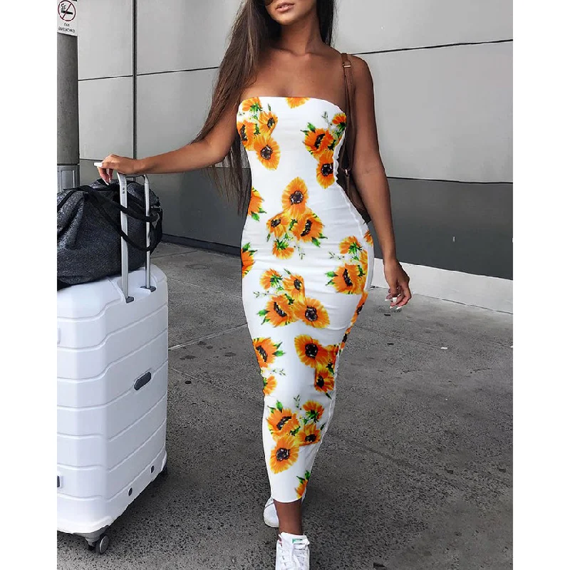 Spring and summer off-the-shoulder sexy ladies dress women's sunflower print long tight dress casual wild sleeveless