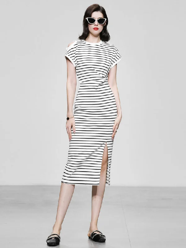 Striped Crew Neck Slit Casual Sexy Bodycon Dress