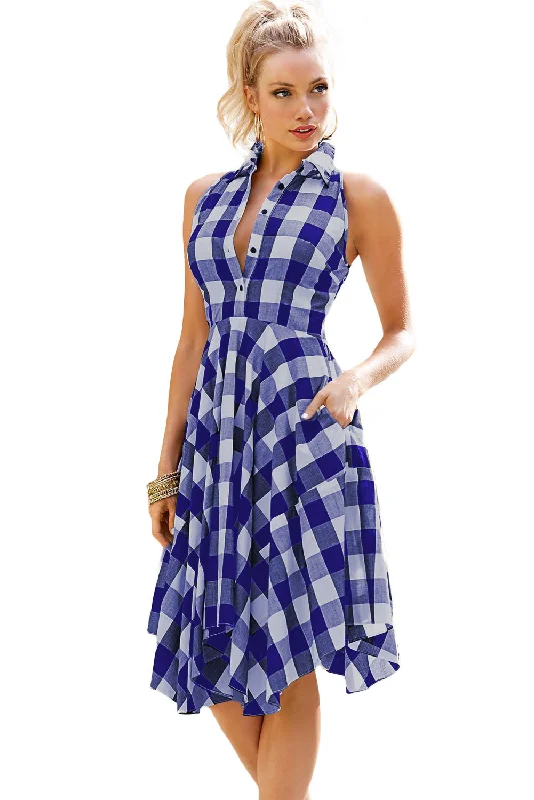 Sexy Blue White Denim Checks Flared Shirtdress