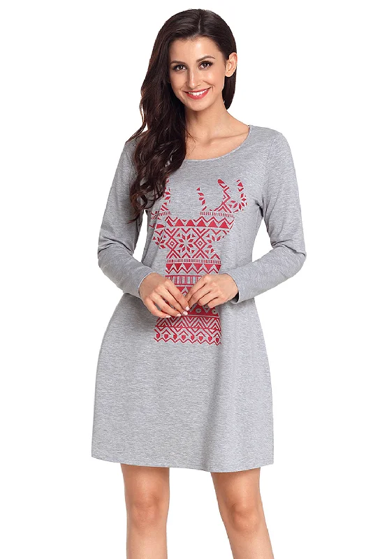 Sexy Geometric Snowflake Reindeer Grey Christmas T-shirt Dress