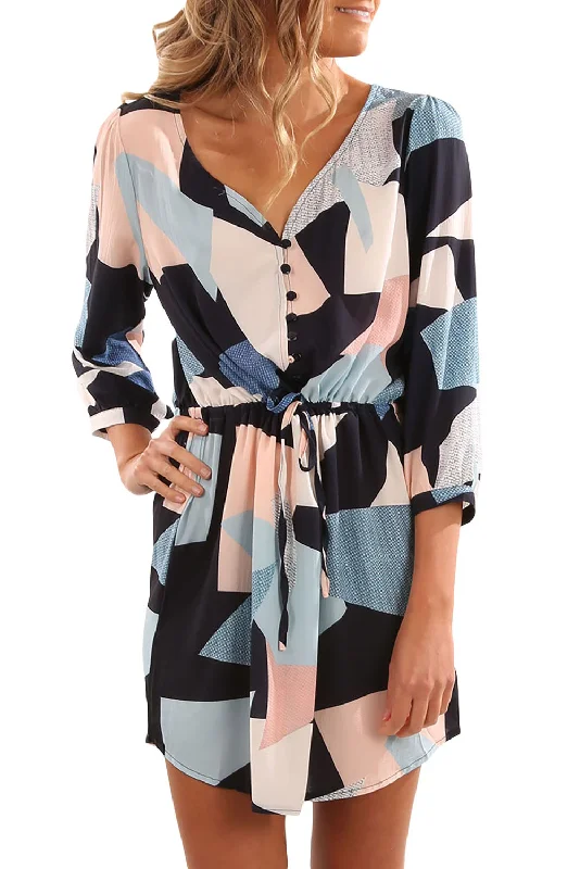 Sexy Multicolor Geometric Print Drawstring Waist Shirt Dress