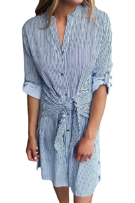 Sexy Navy Striped Tie Waist Button Down Shirt Dress