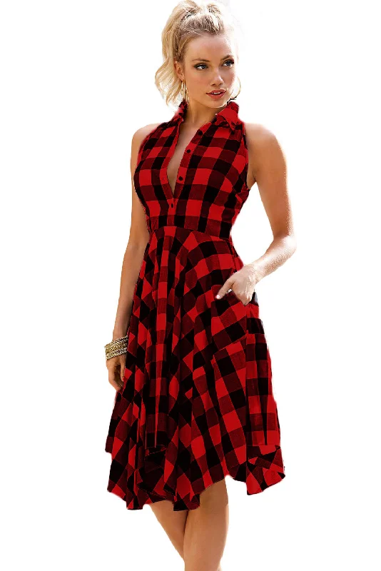 Sexy Red Black Denim Checks Flared Shirtdress