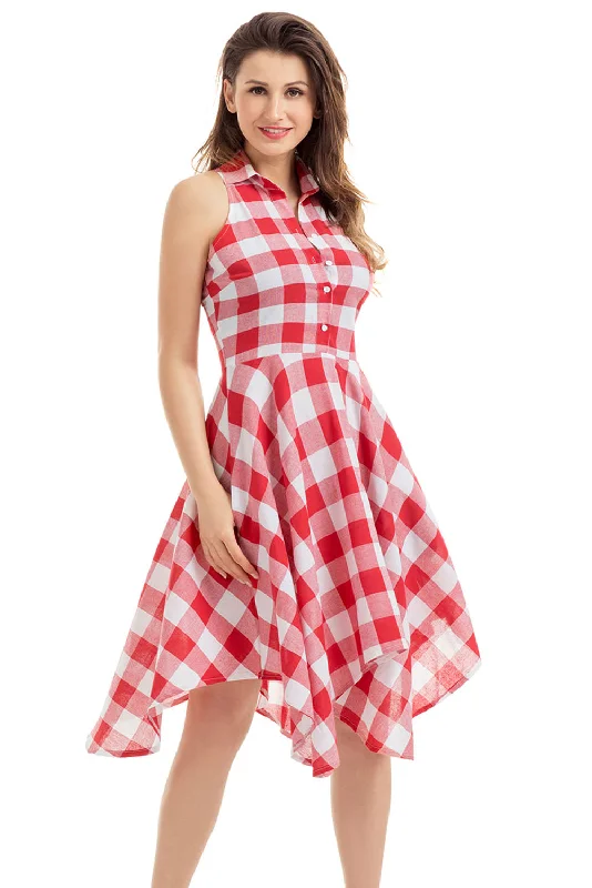 Sexy Red White Denim Checks Flared Shirtdress