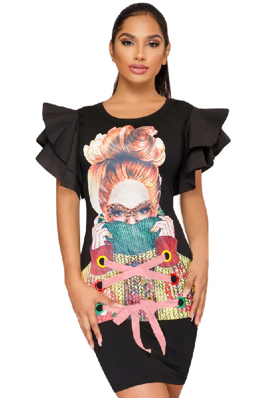 Sexy Ruffle Sleeves Graphic T-shirt Dress in Black