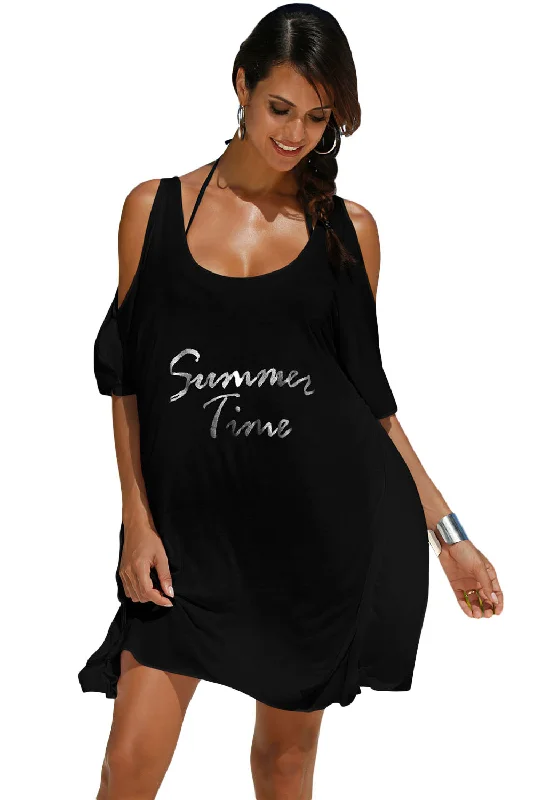 Summer Time Black Cold Shoulder Casual Shirt Dress