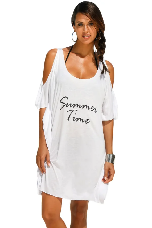 Sexy Summer Time White Cold Shoulder Casual Shirt Dress