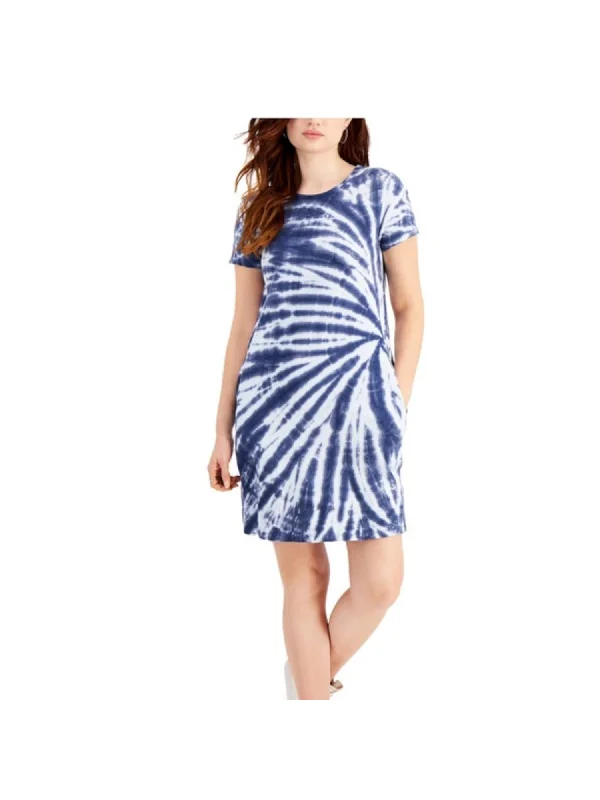 STYLE & COMPANY Womens Blue Pocketed Tie Dye Short Sleeve Crew Neck Short Shirt Dress