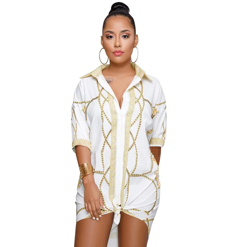 Turn-down Collar Printed Shirt Dress