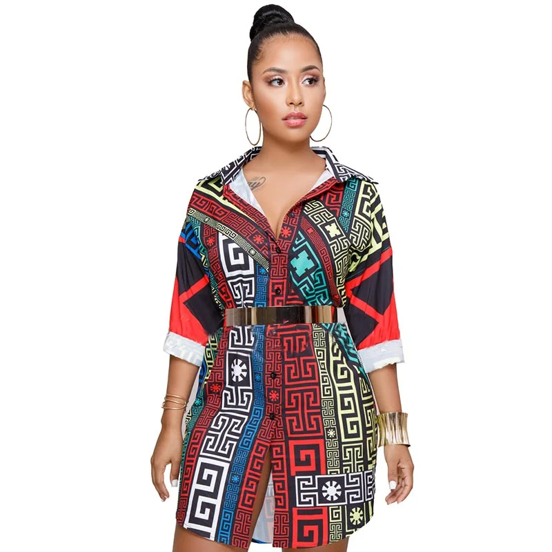 Turn-down Collar Printed Shirt Dress