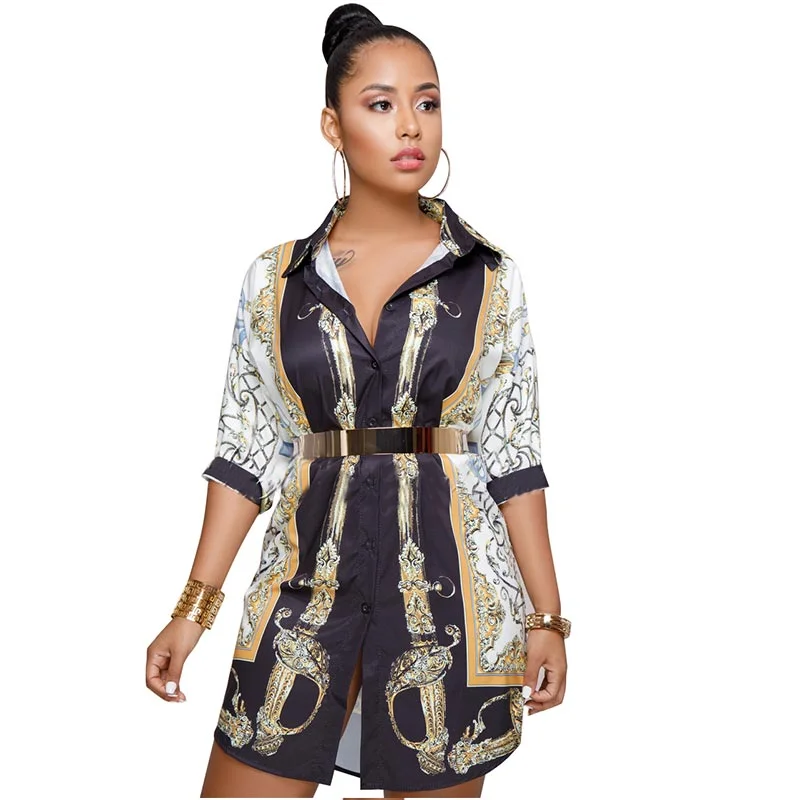 Turn-down Collar Printed Shirt Dress