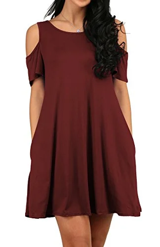 Sexy Women's Cold Shoulder Tunic Top T-shirt Swing Dress With Pockets