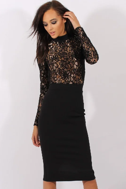 Black & Gold Floral Lace Midi Dress - Izzy