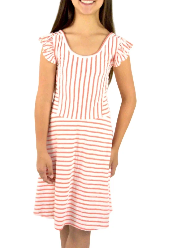 Girls Striped Midi Dresses In Orange/ivory