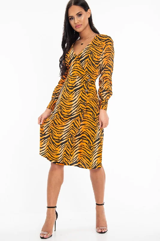 Orange Tiger Print Plunge Wrap Button Front Midi Dress - Bettie