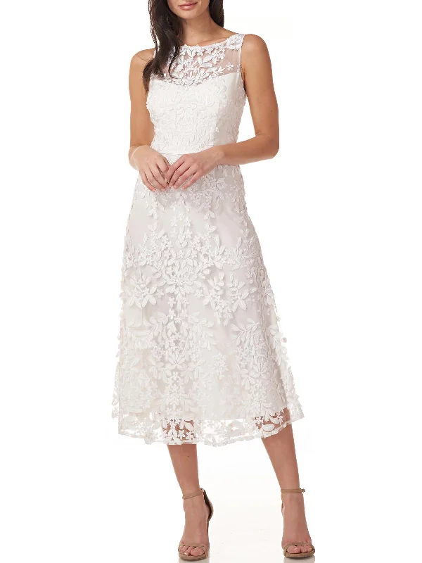 Womens Floral Applique Midi Cocktail and Party Dress